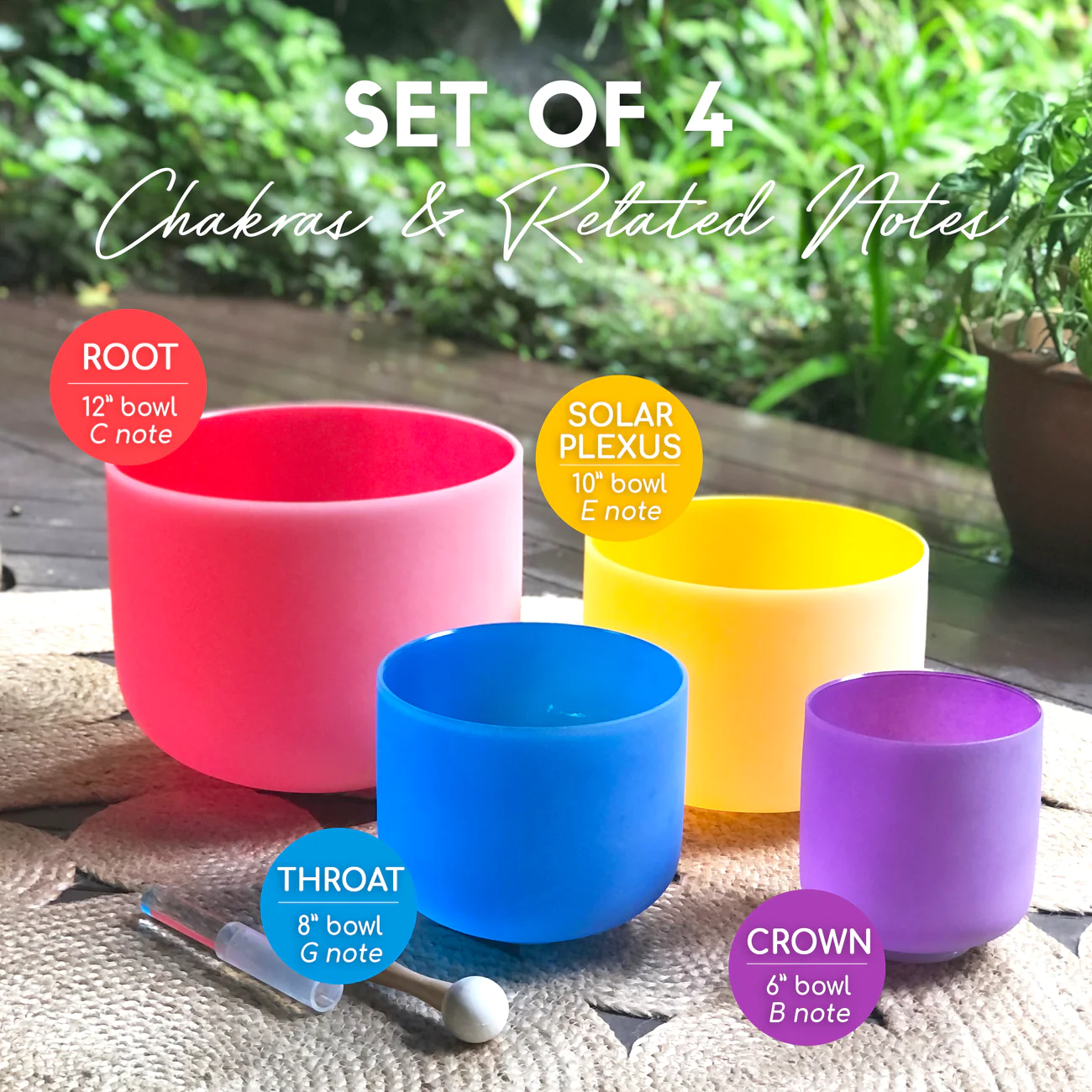 Set Of 4 Coloured Crystal Singing Bowls For Chakras