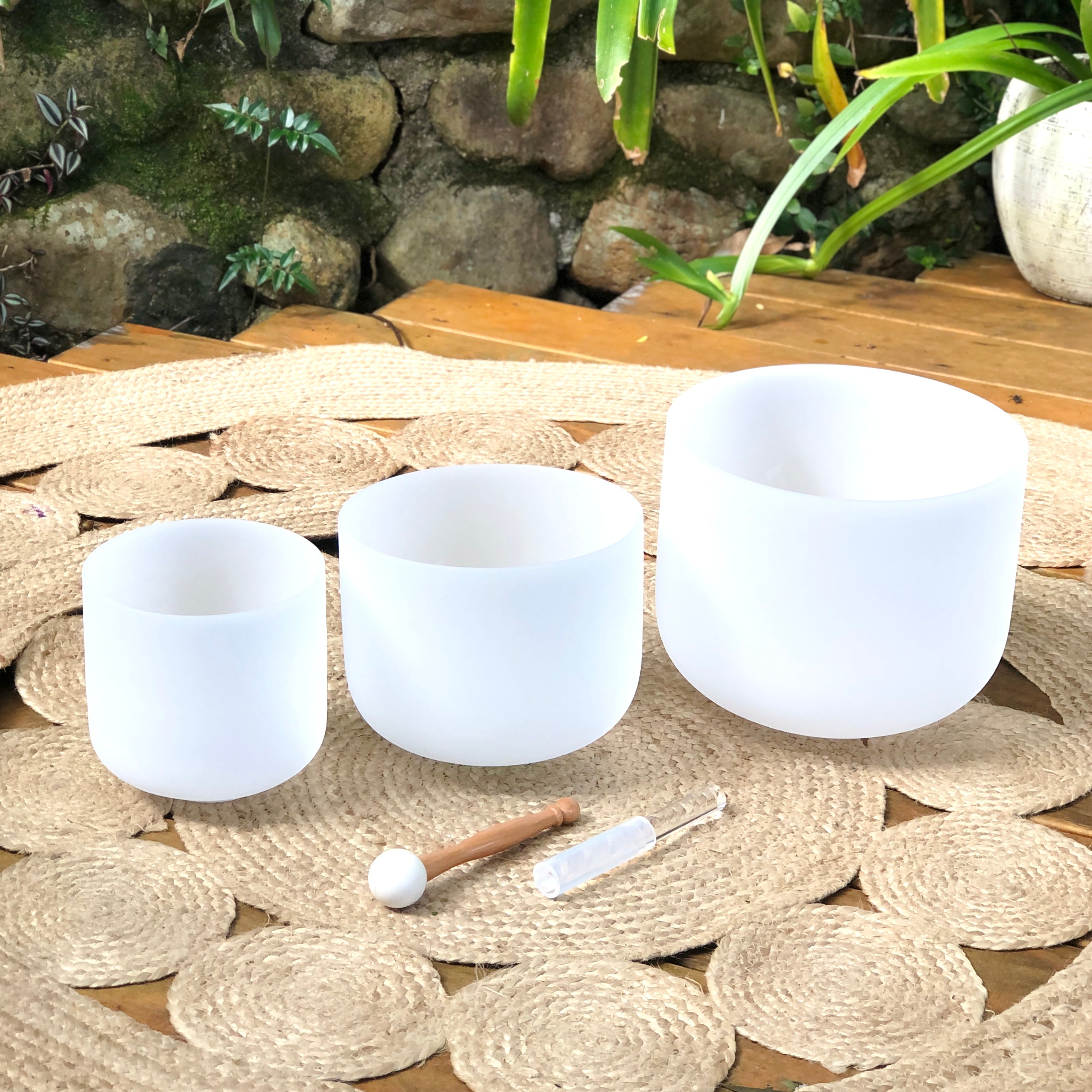 Set Of 3 White Crystal Singing Bowls