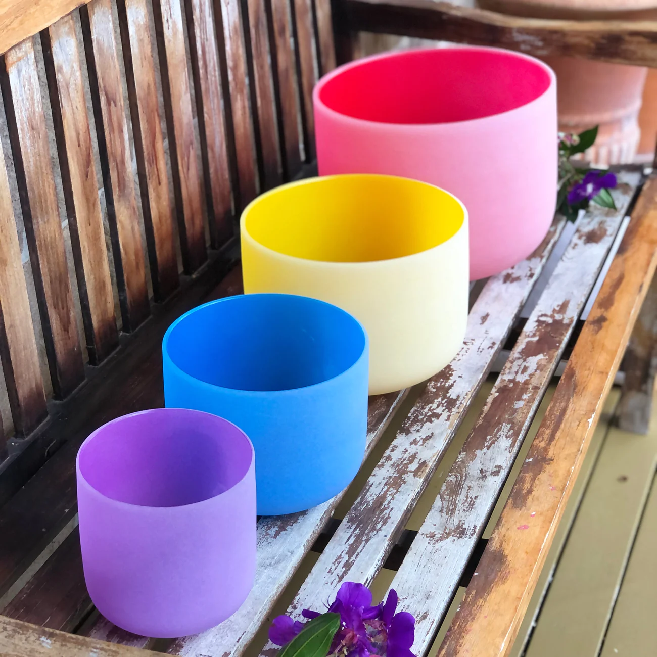 Set Of 4 Coloured Crystal Singing Bowls