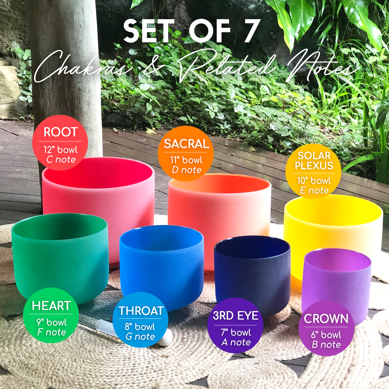 Set Of 7 Coloured Crystal Singing Bowls For Chakras