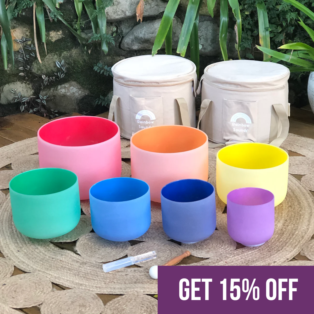 Set Of 7 Coloured Crystal Singing Bowls In Beige Bags