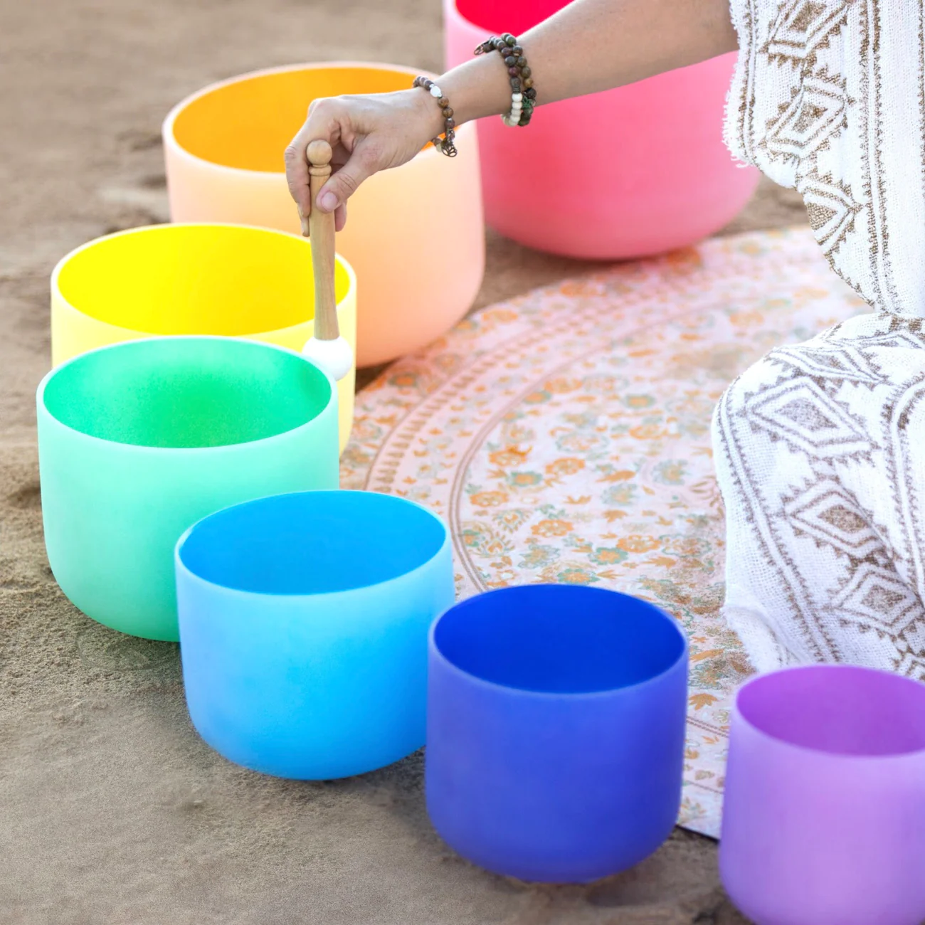 Set Of 7 Coloured Crystal Singing Bowls