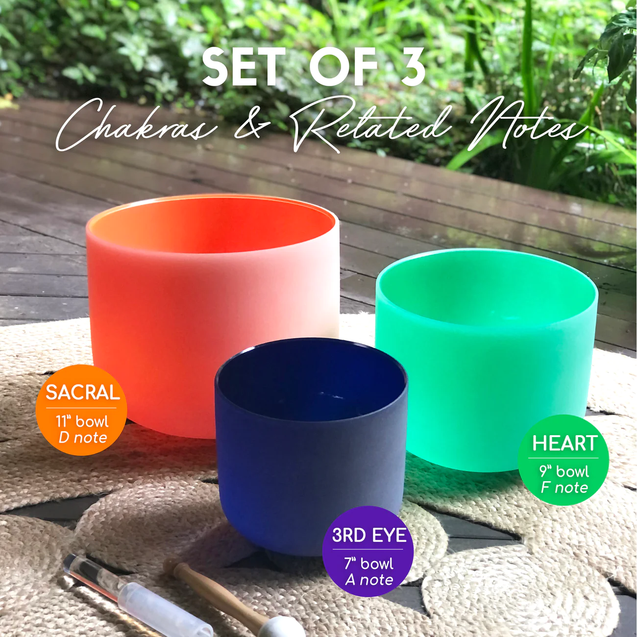 Set Of 3 Coloured Crystal Singing Bowls For Chakras