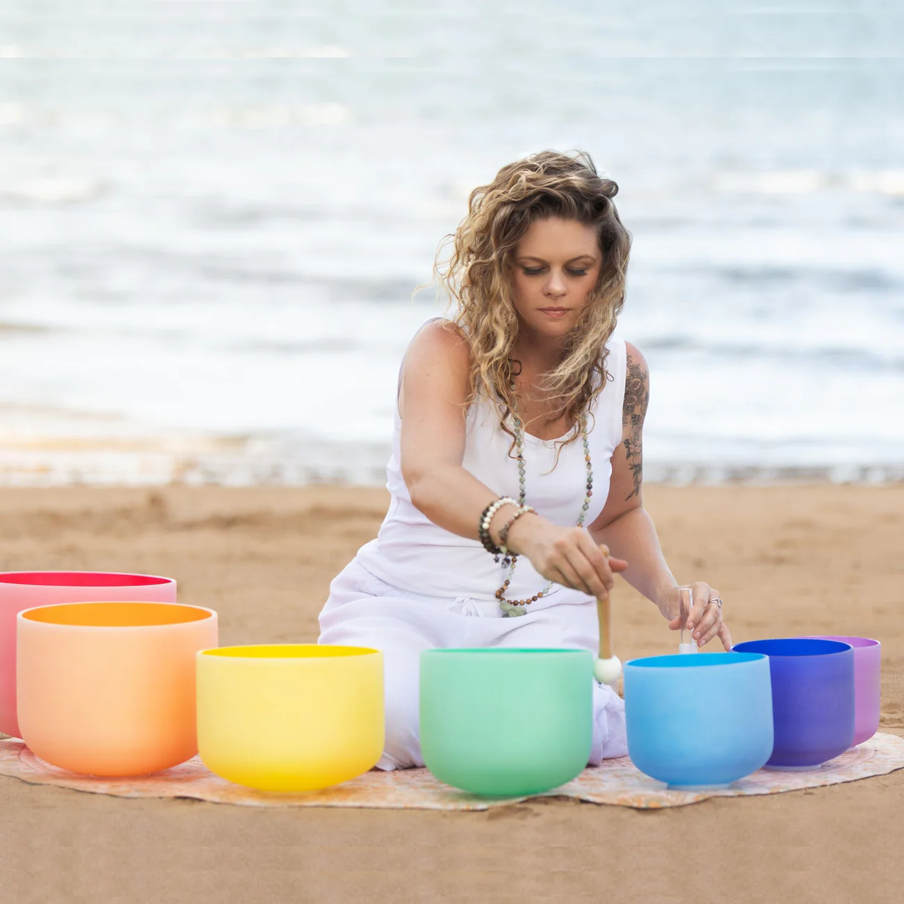 Set Of 7 Rainbow Coloured Crystal Singing Bowls