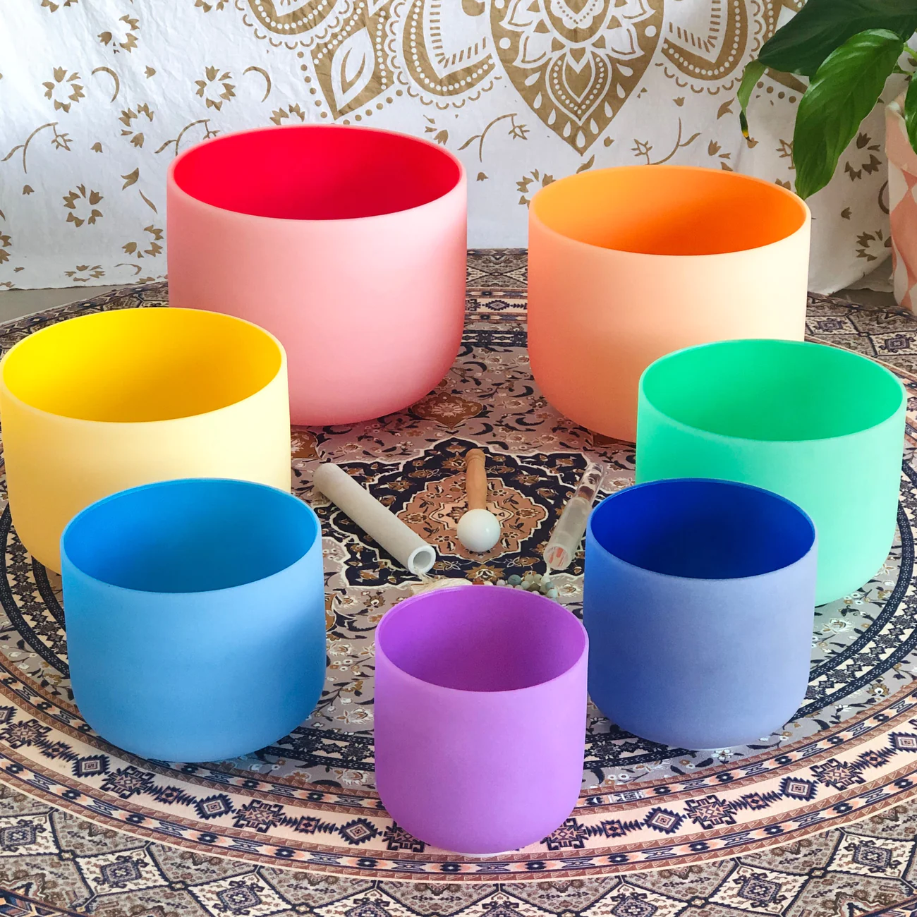 Set Of 7 Coloured Crystal Singing Bowls In Beige Bags For Chakras