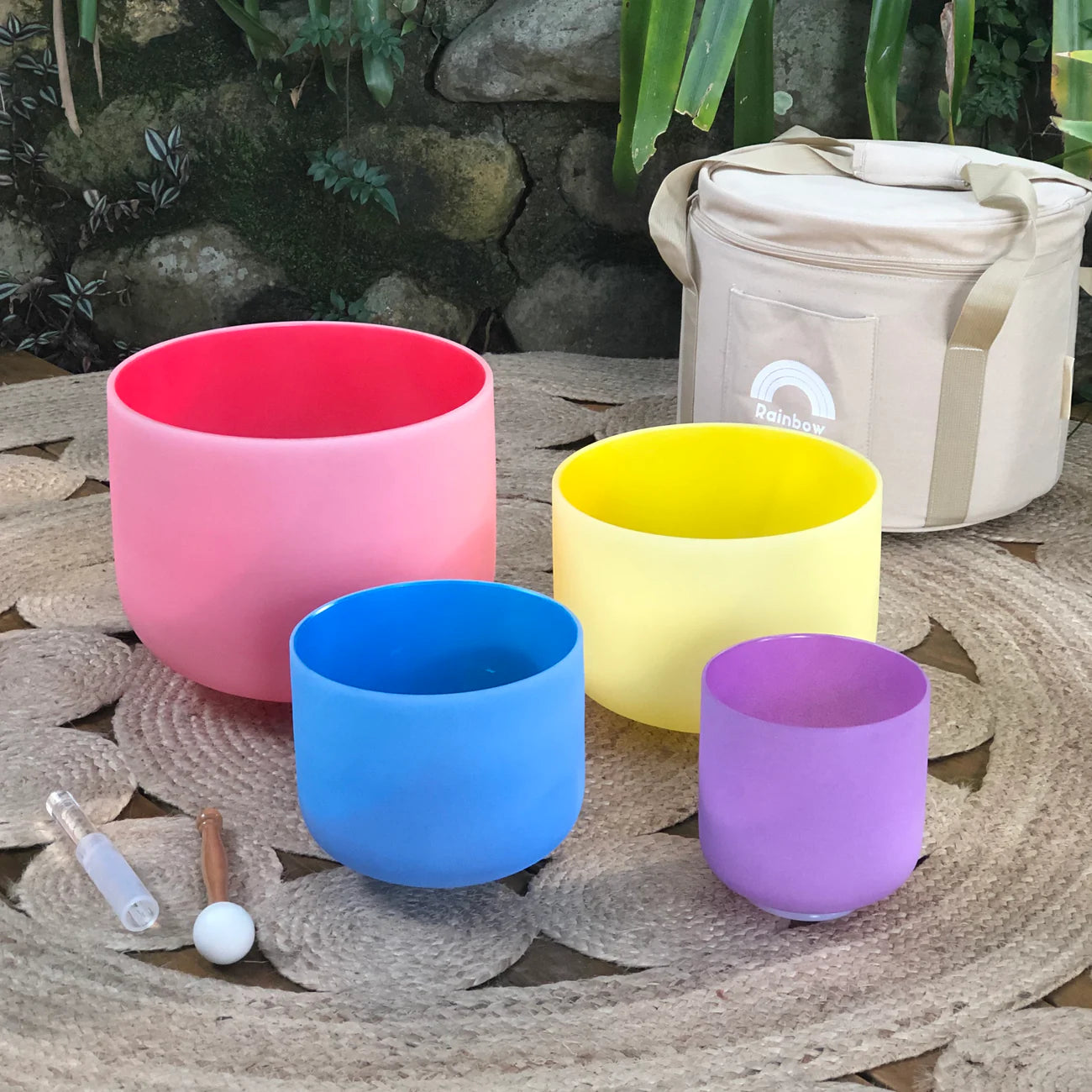 Set Of 4 Coloured Crystal Singing Bowls In Beige Bag